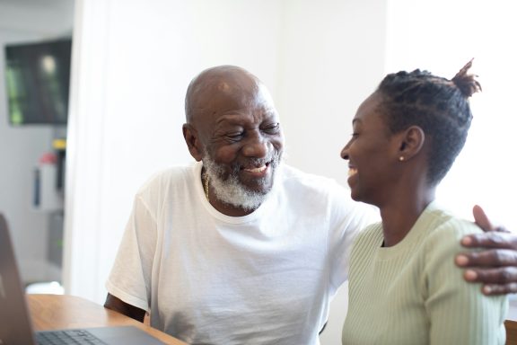 Senior couple discussing Medicare coverage options